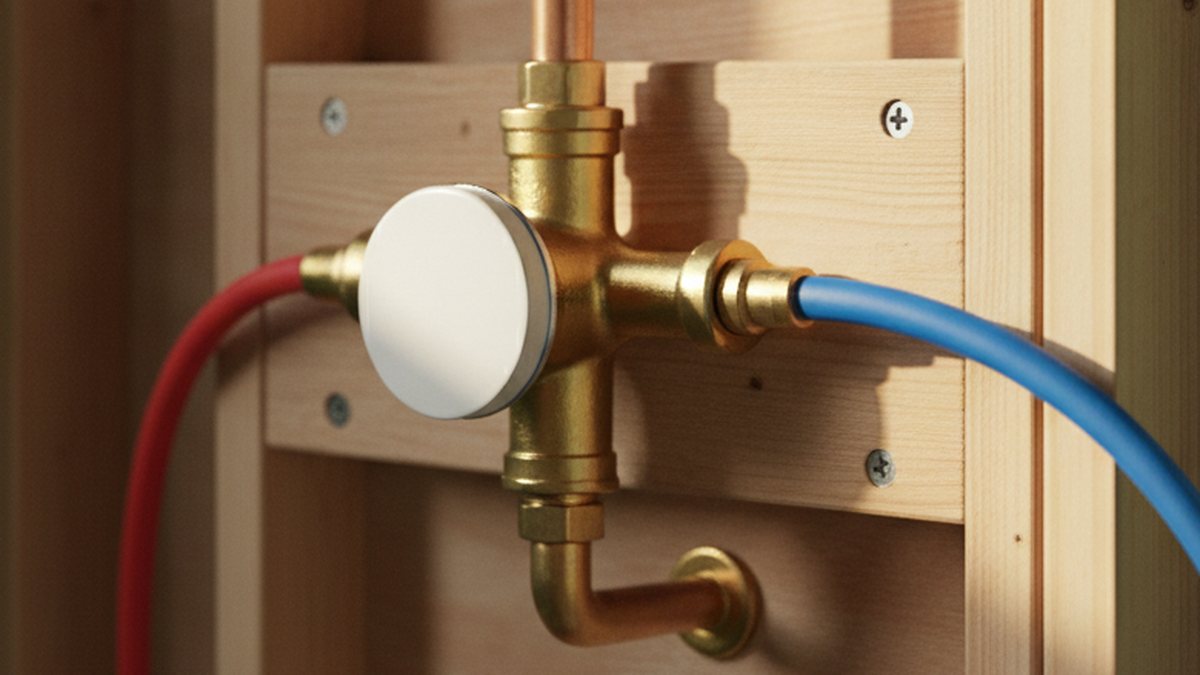 Pressure balancing shower valve body mounted between wall studs with new supply lines during a bathroom remodel