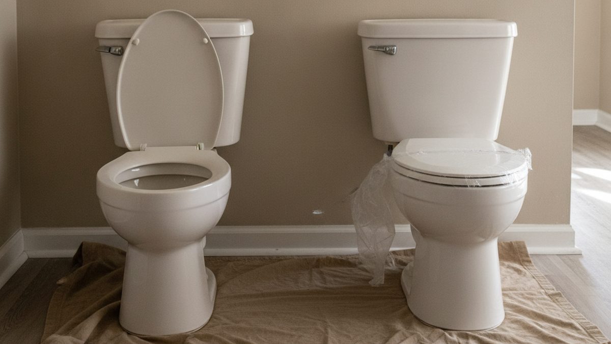 A removed toilet and a new toilet still in its plastic wrap on a drop cloth outside a bathroom being remodeled