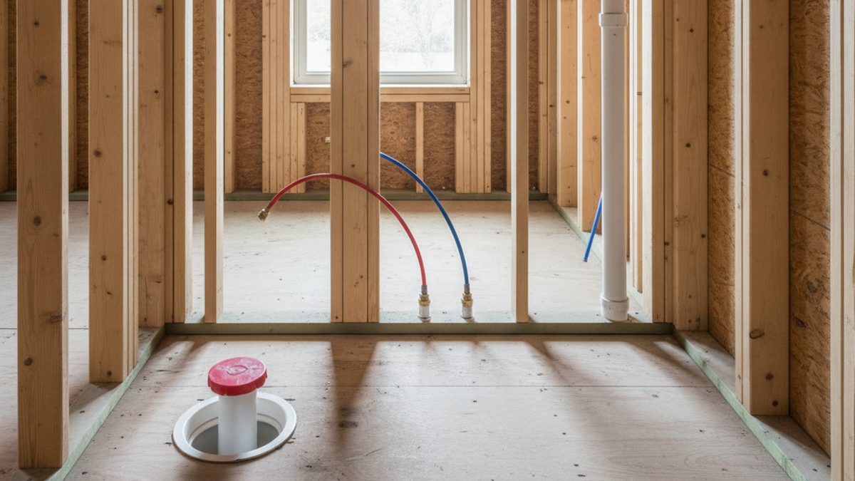Bathroom framing during rough-in with a capped toilet drain, new PEX supply lines and a vent pipe ready for inspection