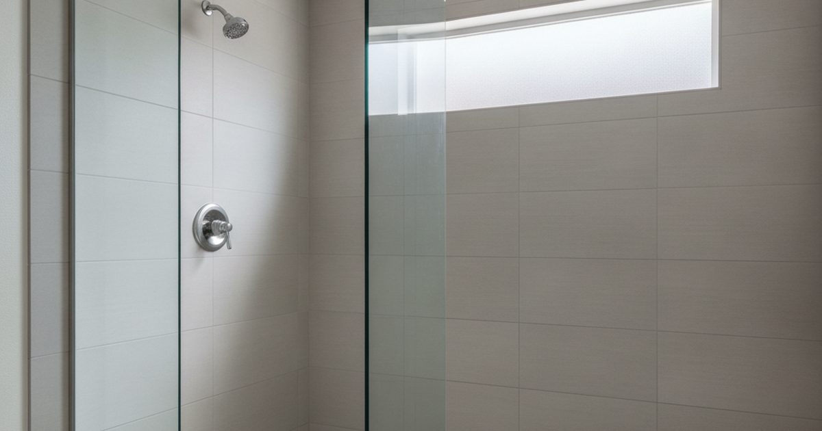 Bathroom remodel nearing completion with a new tiled walk-in shower, single-lever valve trim, showerhead and glass panel