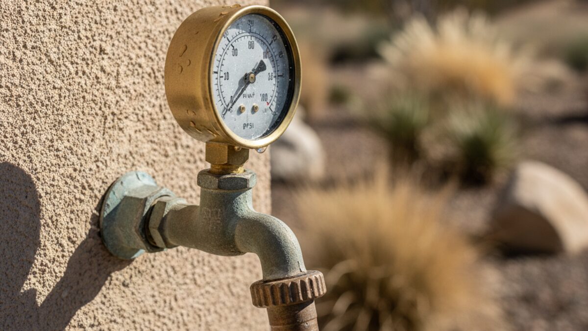 Close-up of an analogue pressure gauge on an outdoor hose bibb showing a reading, with a stucco wall behind