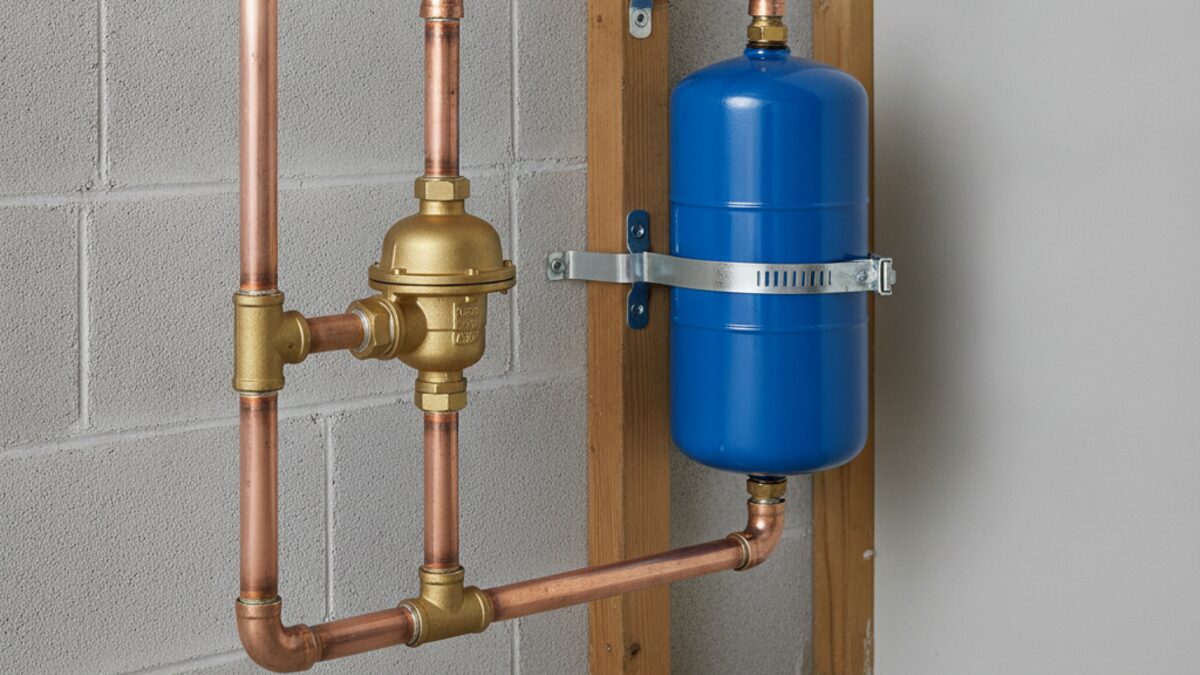 Brass pressure regulator and expansion tank installed on copper supply piping in a garage