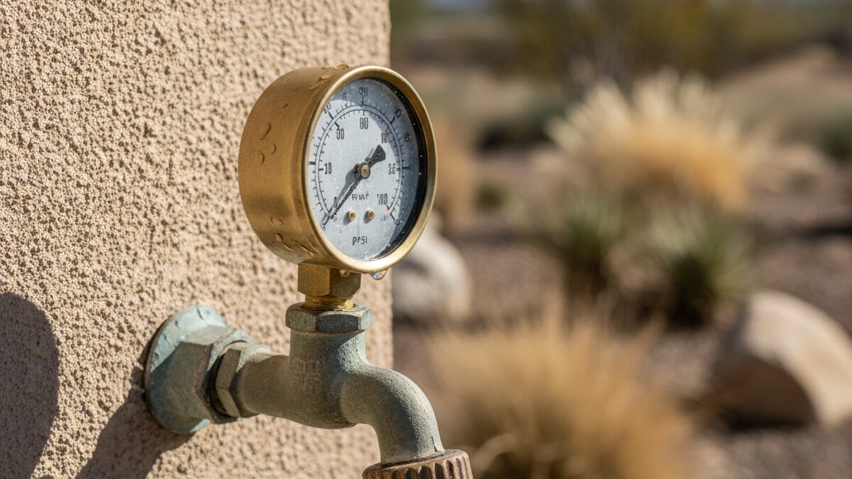 Analogue water pressure test gauge screwed onto an outdoor hose bibb on a stucco wall, needle reading in the upper range