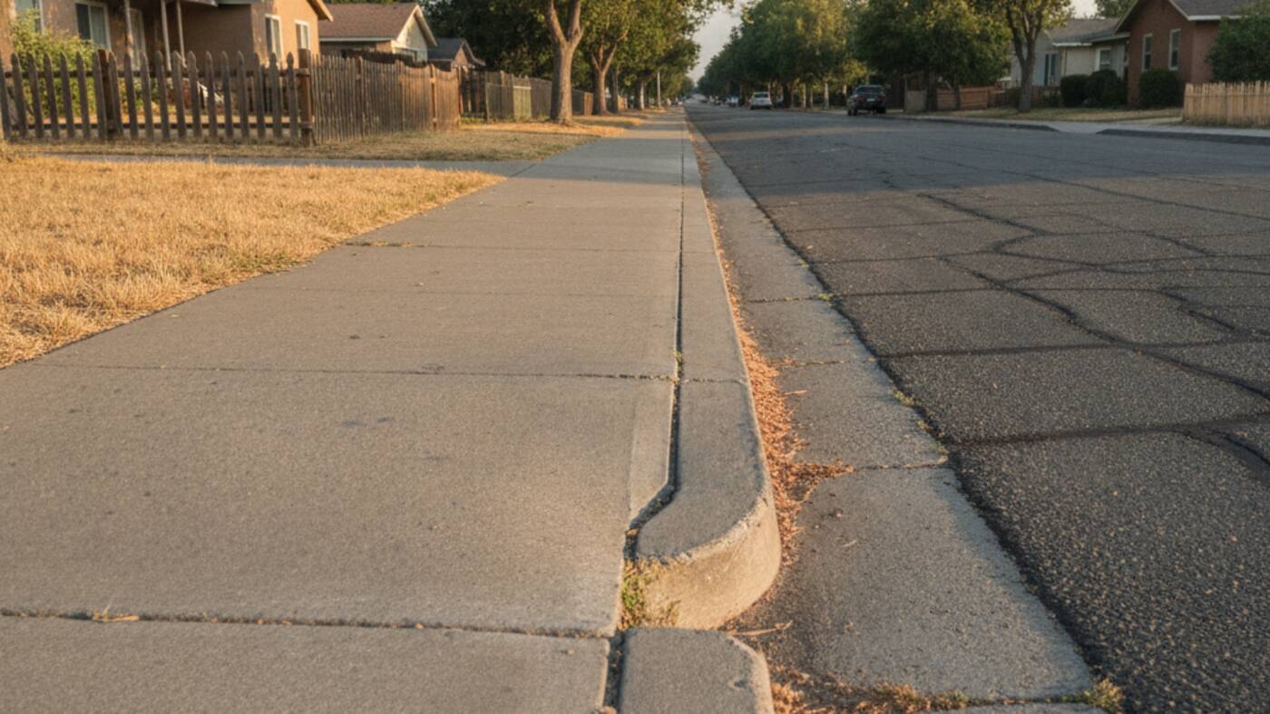 Offset sidewalk and curb in a Hollister neighbourhood where the creeping Calaveras Fault crosses the street