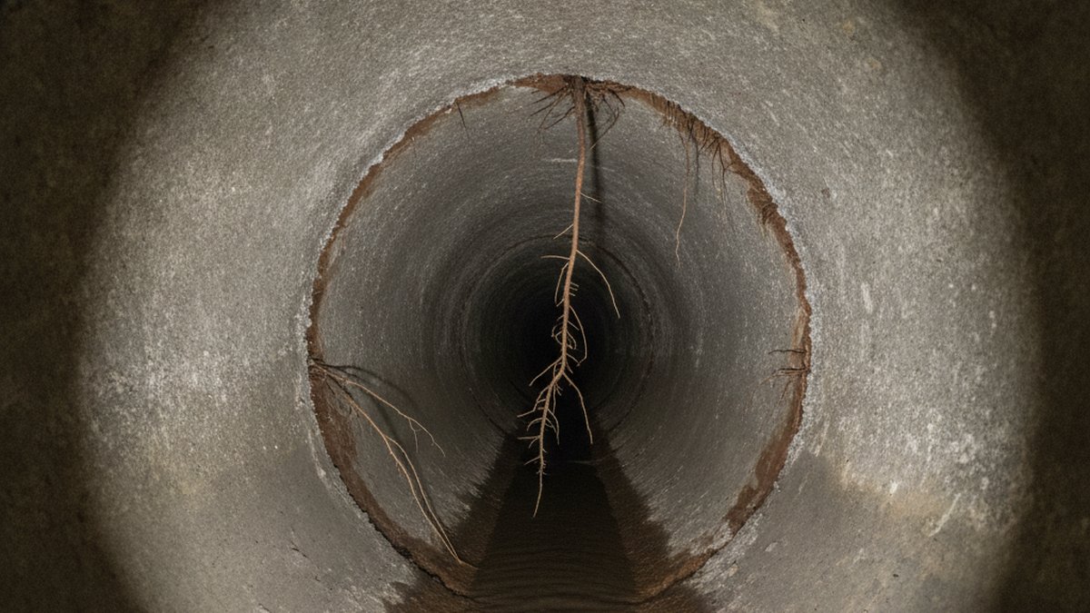 Sewer camera view inside an old clay pipe showing fine tree roots entering at a joint and standing water along the bottom