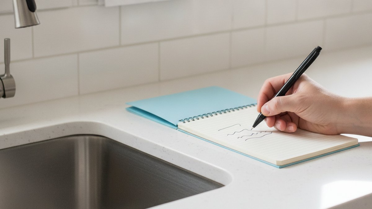 Hand writing a note in a small spiral notebook on a kitchen counter beside the sink, with a wall calendar behind