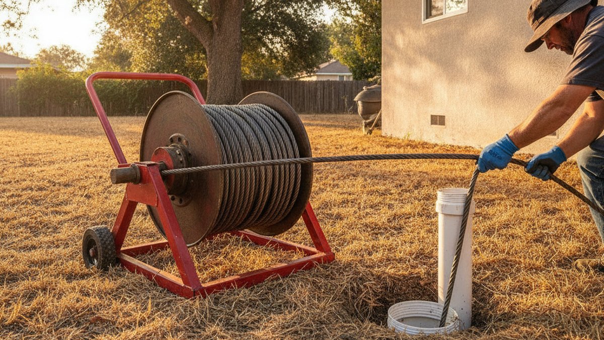 Sewer cleaning machine with a steel cable being fed into a white cleanout pipe in the dry side yard of a single-storey home