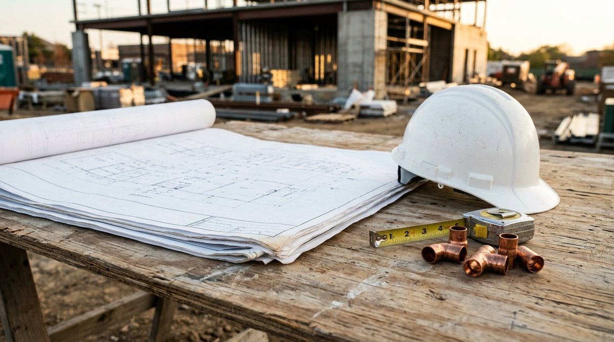 Plumbing contractor reviewing a commercial plan set and fixture schedule on a job site table beside a hard hat