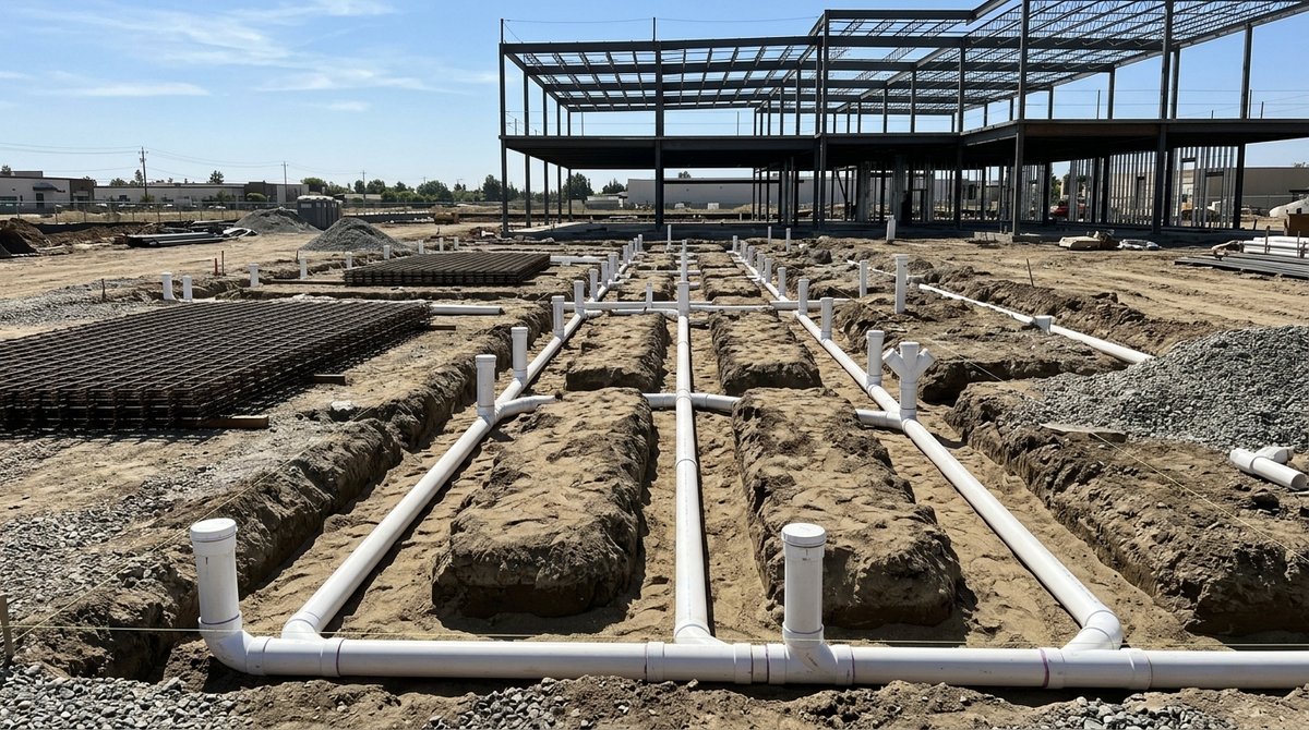 New PVC underground drain lines laid in a trench across a commercial slab area before concrete is poured