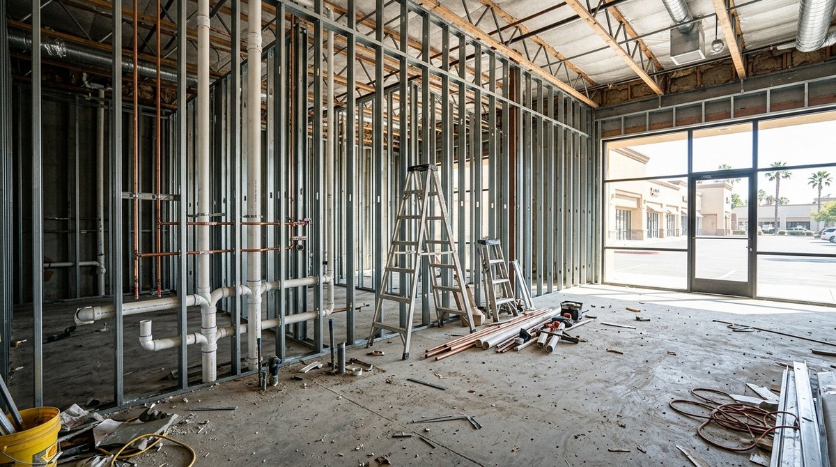 Exposed copper and PVC plumbing rough-in along the framed walls of a commercial tenant space under construction