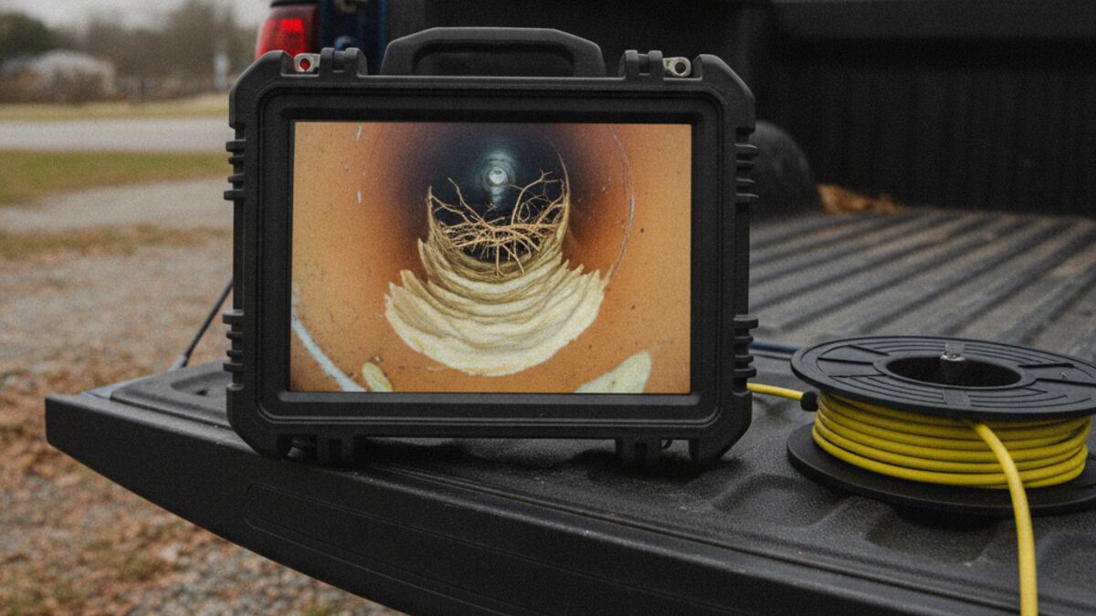 Sewer camera monitor on a truck tailgate showing grease buildup and fine roots at a joint inside an old clay sewer pipe
