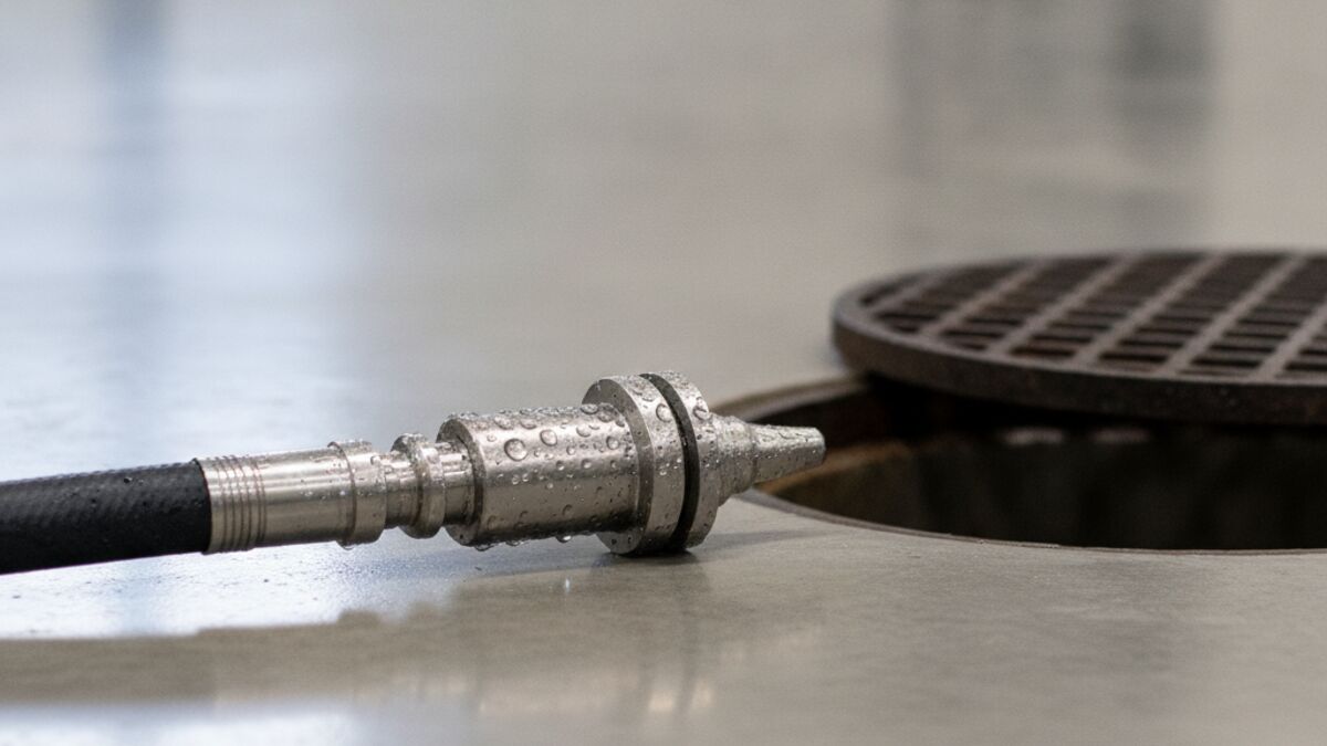 Stainless steel hydro jetting nozzle on a high-pressure hose resting beside an open floor drain