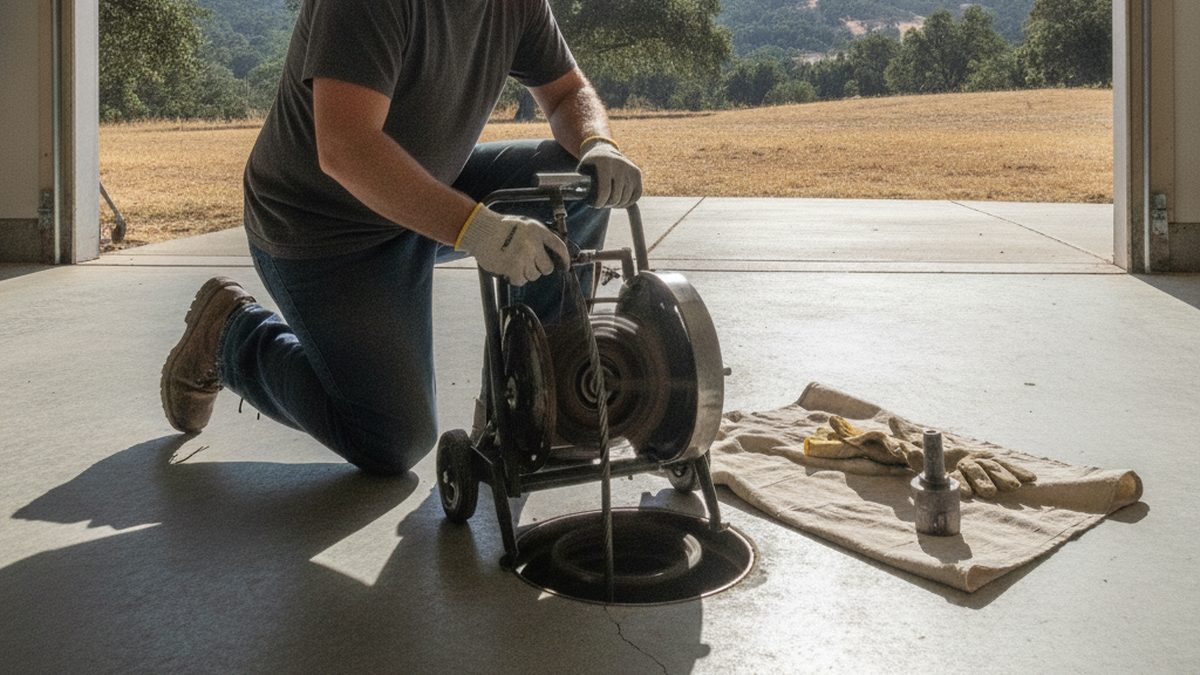 Plumber running a cable drain machine to clear a blocked sewer line