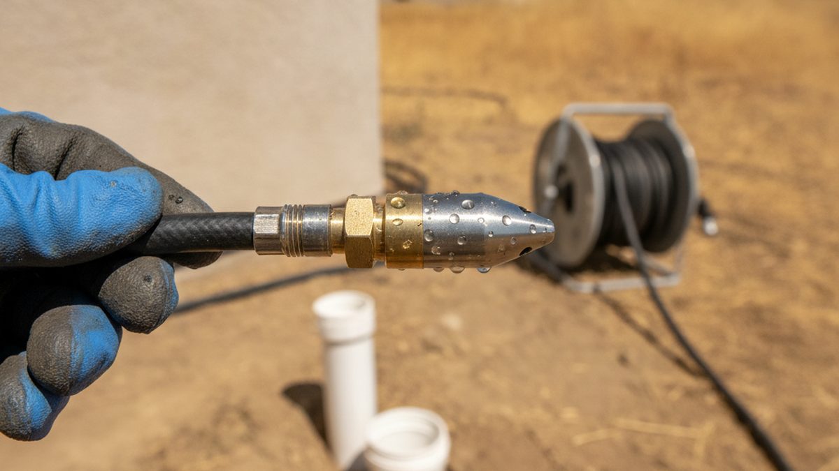 Hydro jetting nozzle and high-pressure hose used to scour a sewer line clean