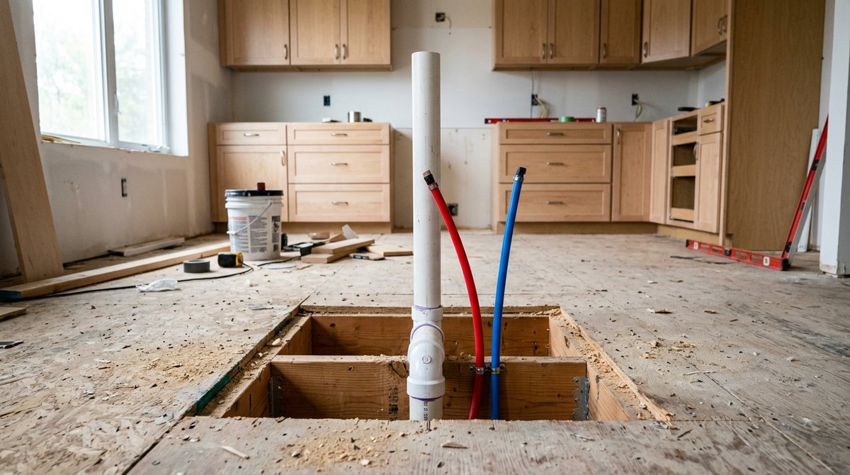 Plumber's PVC drain and vent pipe roughed in through the floor where a new kitchen island sink will sit