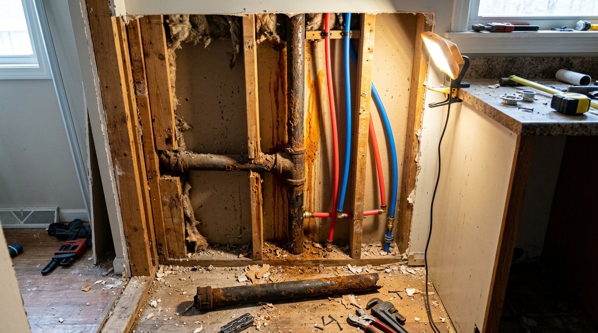 Opened kitchen wall showing old corroded galvanized supply pipe next to new PEX lines being installed