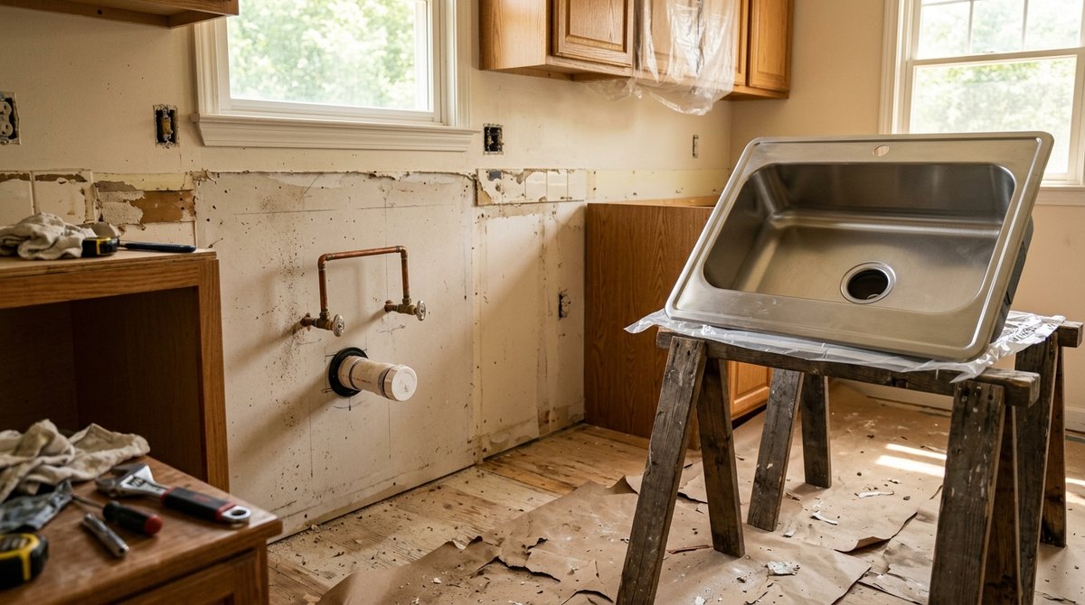 Kitchen mid-remodel with cabinets removed, exposing copper supply lines and a PVC drain stub-out on the bare wall