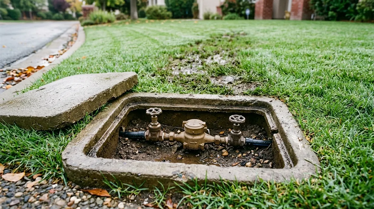Concrete water meter box at the curb with the lid off, showing the meter and the customer shut-off valve beside a damp patch of lawn