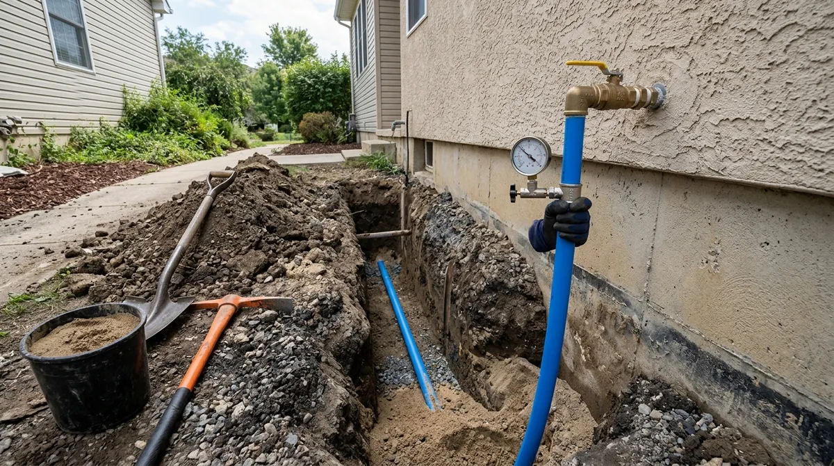 New water service pipe being pressure tested in an open trench next to the foundation of a house before backfill