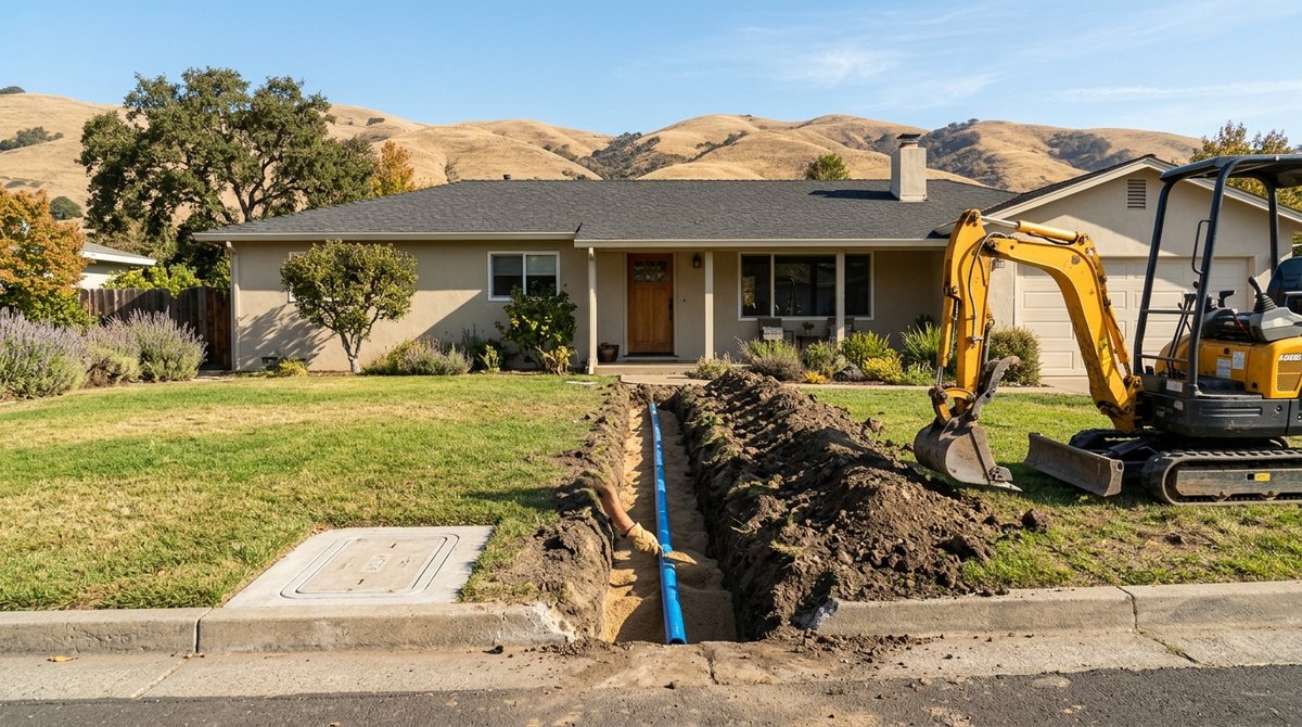 Open trench across a front yard with a new blue water service pipe laid from the meter box toward the house during a main water line replacement