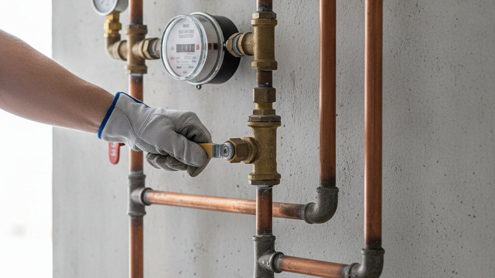 Gloved hand turning a brass main water shut-off valve on copper pipework beside a water meter