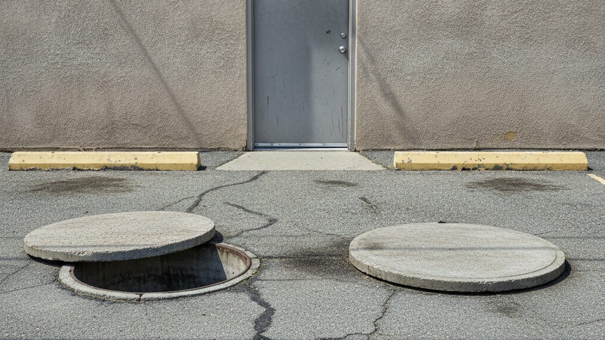 Concrete access lids of an in-ground grease interceptor in the paved service area behind a restaurant
