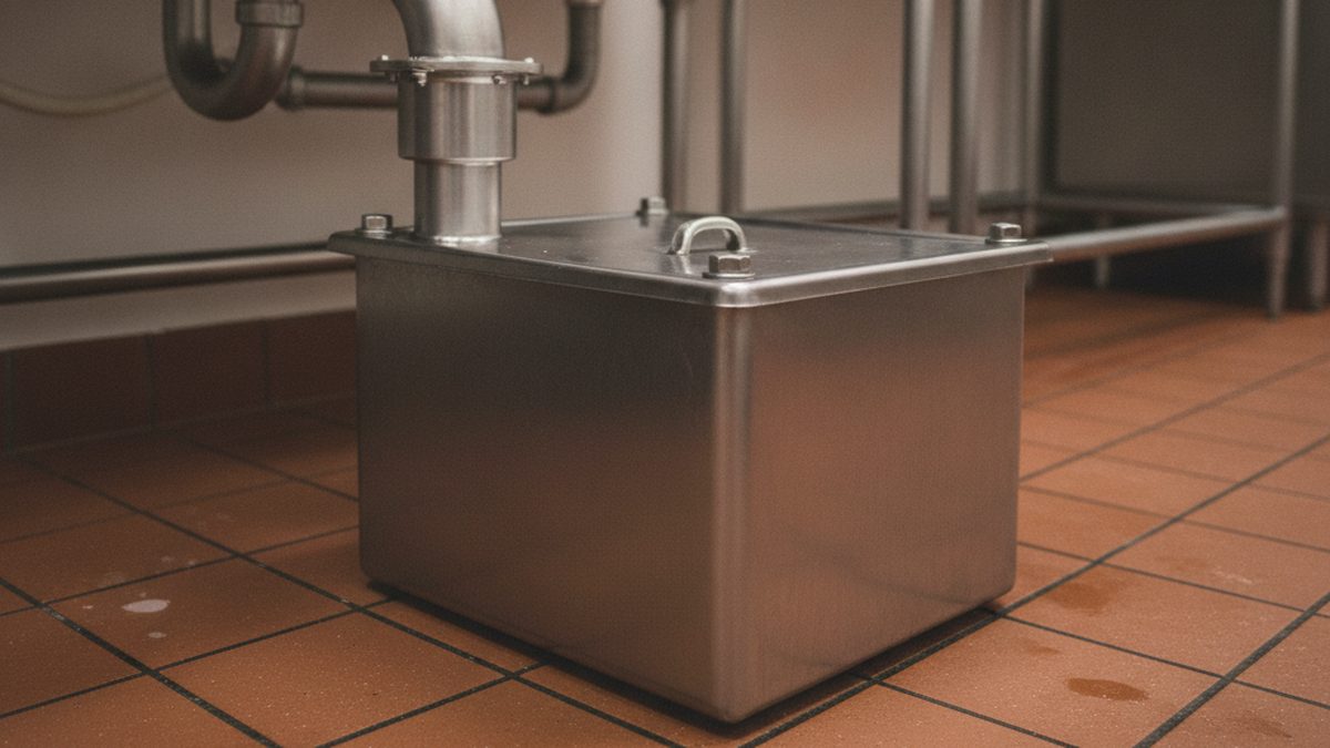 Compact grease trap installed under a stainless steel pot sink in a commercial kitchen