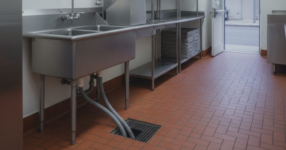 Stainless steel sink draining into a floor sink in a commercial restaurant kitchen