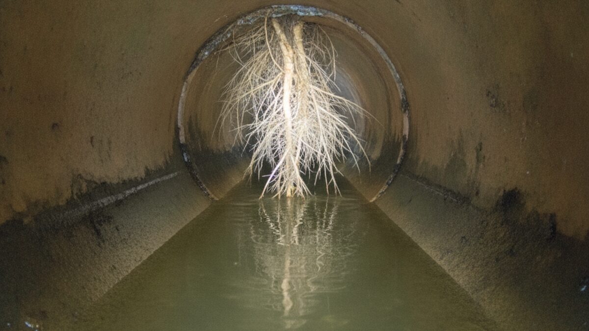 Camera view inside an older sewer lateral showing a joint with fine roots entering and standing water along the pipe floor