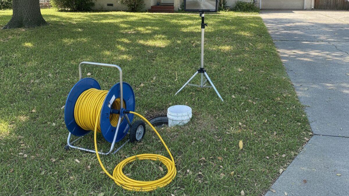 Plumber feeding a sewer inspection camera into an exterior cleanout in the front yard of a single-storey home