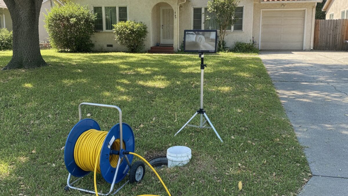 Sewer inspection camera reel and monitor set up beside an open cleanout in the front yard of an older Hollister home