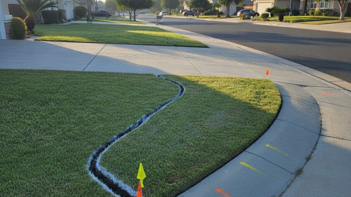 A front lawn and driveway with a white paint line marking the planned trench route and small utility marking flags near the street