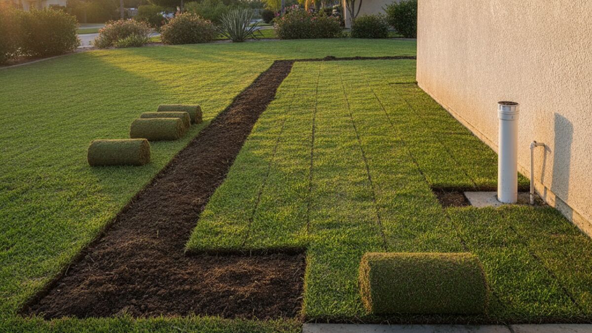 A backfilled trench line across a front lawn with new sod being laid over it and a white sewer cleanout riser next to the house