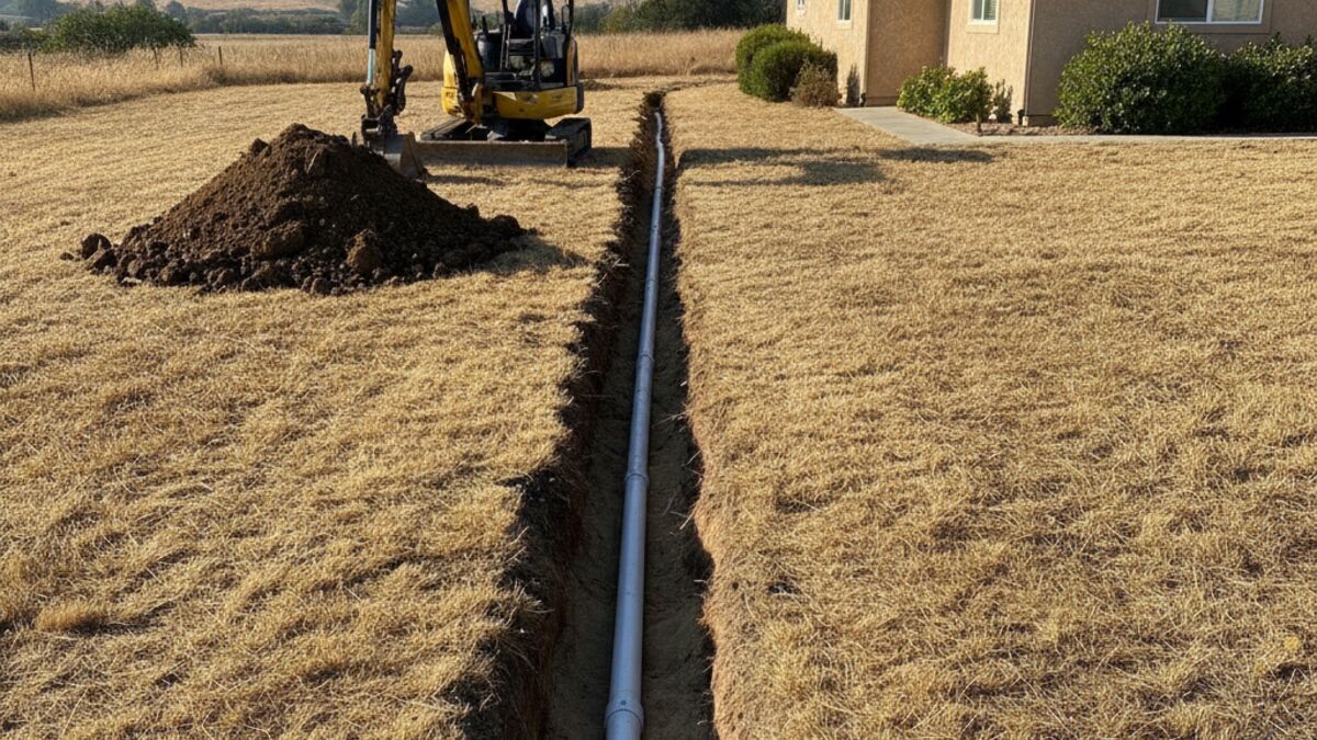 Open trench across a dry front yard with a new white sewer pipe laid on sand bedding and a compact excavator beside it