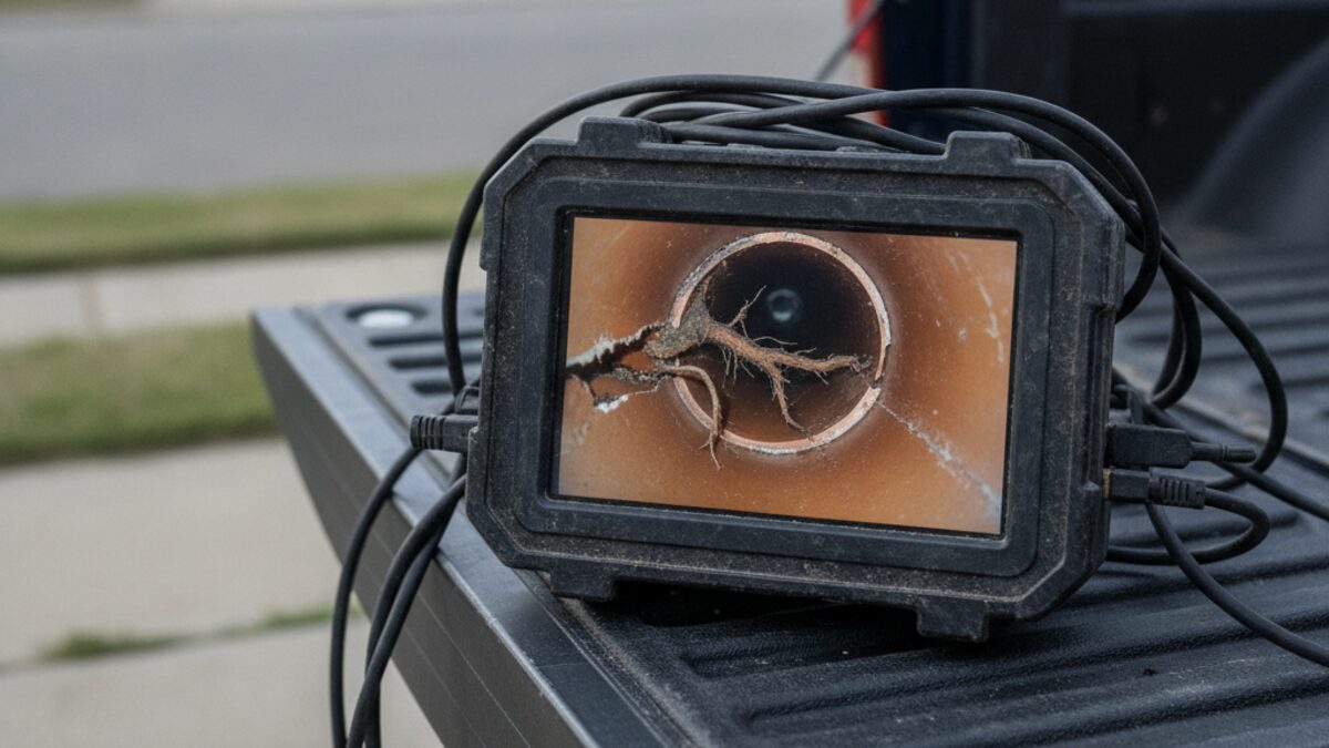 Sewer camera monitor showing tree roots growing through an offset joint inside an old clay sewer pipe
