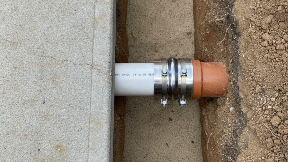 New white PVC sewer pipe joined to old clay pipe with a stainless shielded coupling in a trench beside a concrete driveway