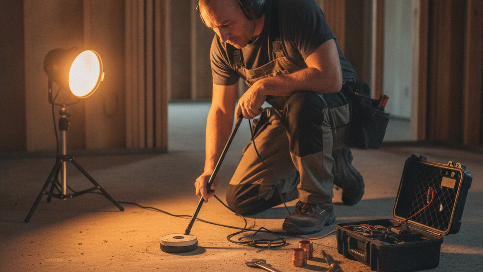 Plumber using acoustic leak detection equipment on a bare concrete slab floor to locate a leak beneath it