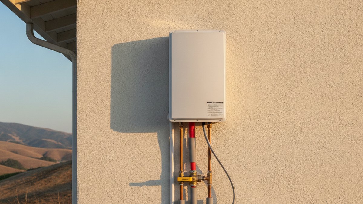Wall-mounted tankless water heater on the exterior stucco wall of a single-storey home, with insulated copper lines and a gas valve below it