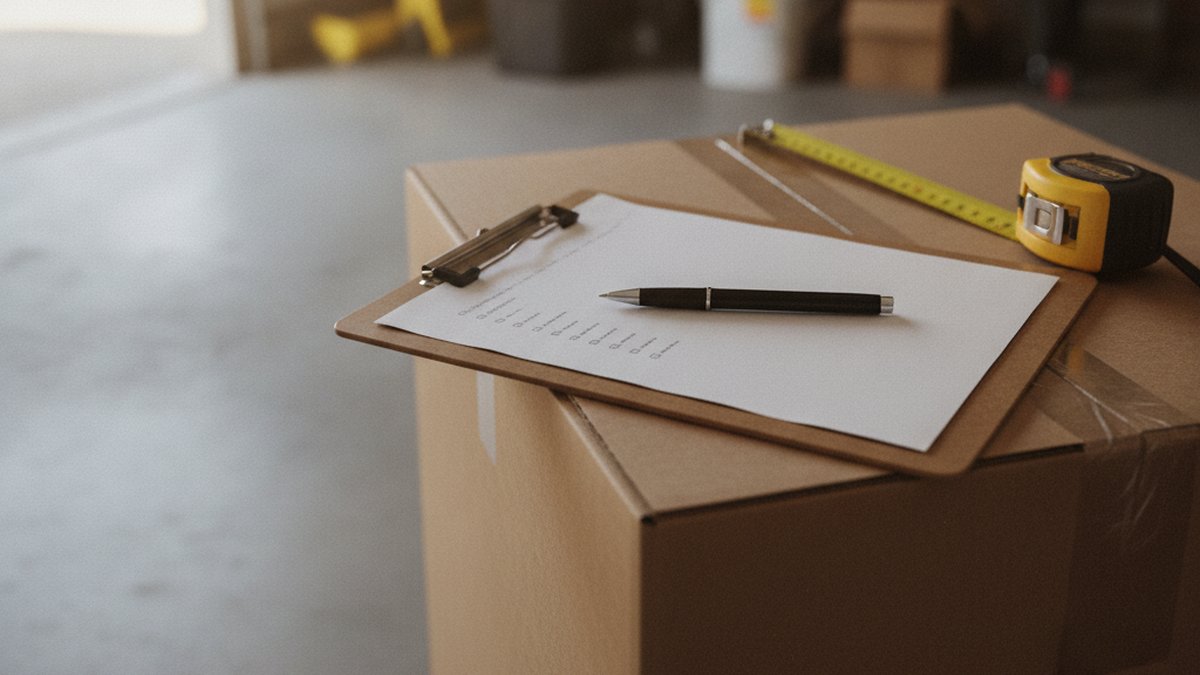 Clipboard with a blank checklist and a pen resting on a water heater shipping box in a garage, next to a tape measure