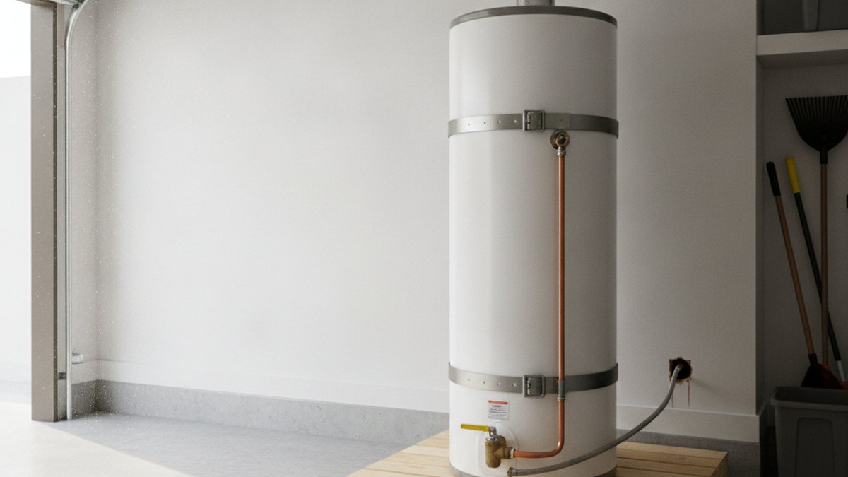 Newly installed gas water heater on a raised platform in a garage, with two seismic straps, a copper relief drain line and a flexible gas connector