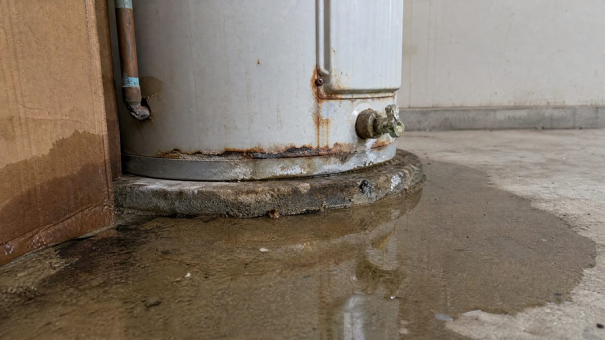 Water pooling around the base of an old water heater with rust and mineral corrosion on the tank seam and drain valve