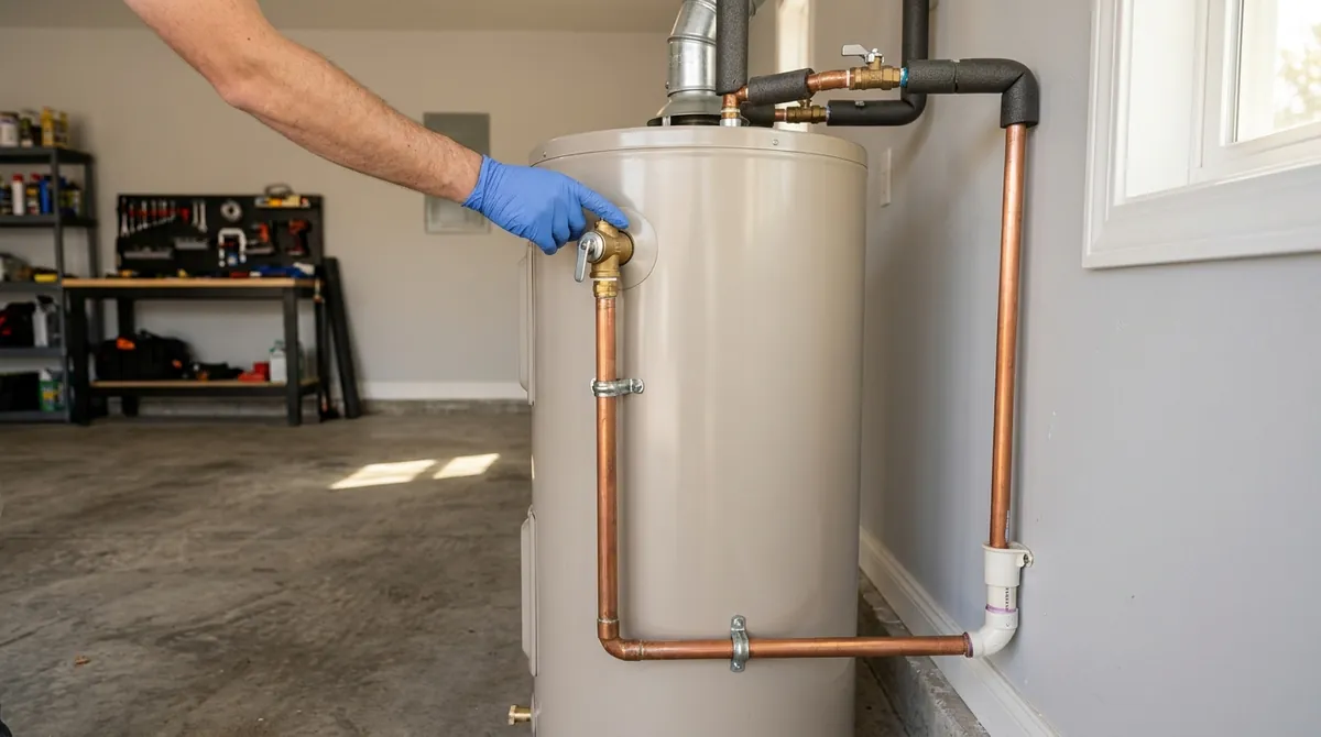 Plumber checking the temperature and pressure relief valve and discharge pipe on the side of a tank water heater