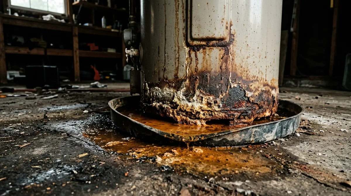 Rusted bottom seam and scale-stained base of an old tank water heater leaking onto a garage floor
