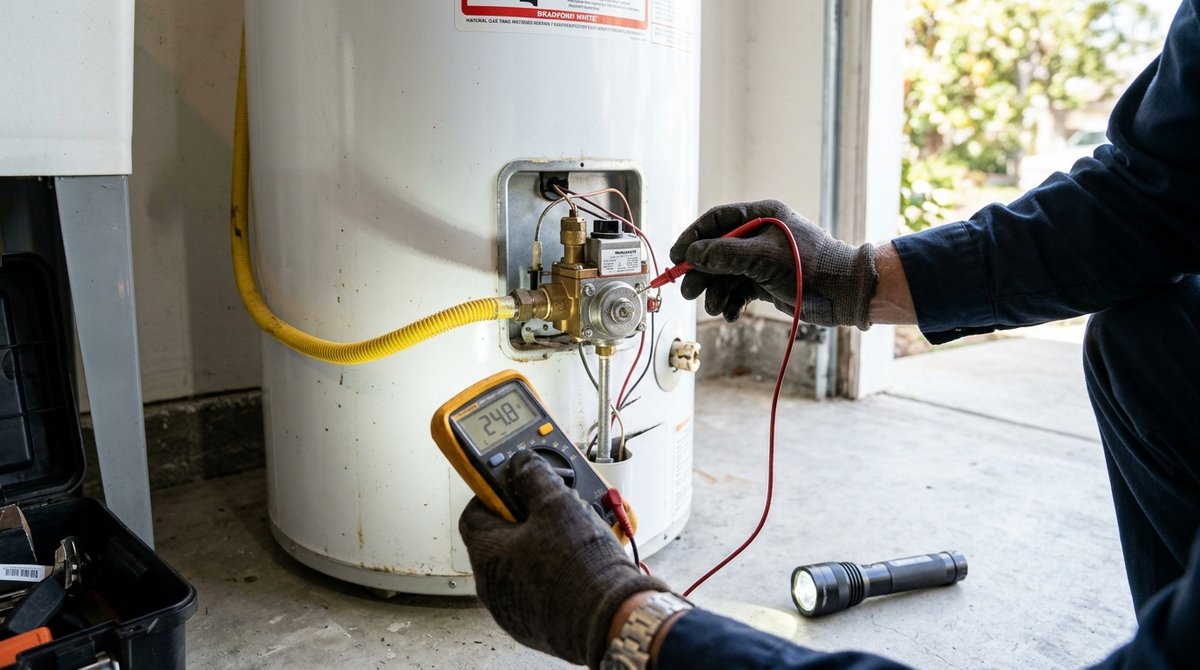 Plumber's hands testing the gas control valve on a tank water heater in a garage, deciding between water heater repair or replacement