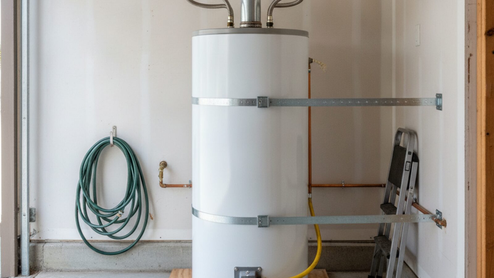Water heater secured with two sets of seismic straps in a Hollister garage