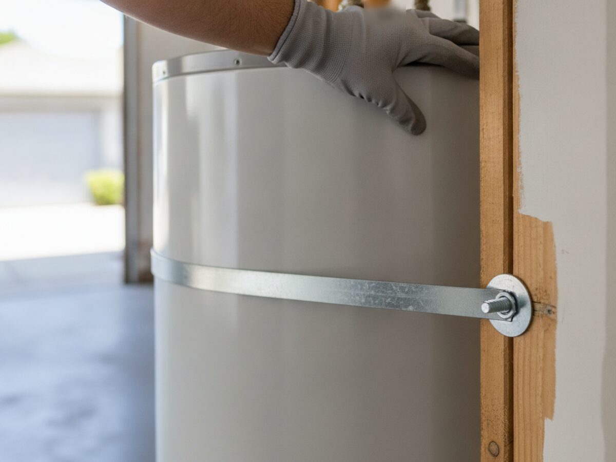 Close view of the upper seismic strap anchored into a wall stud above a water heater