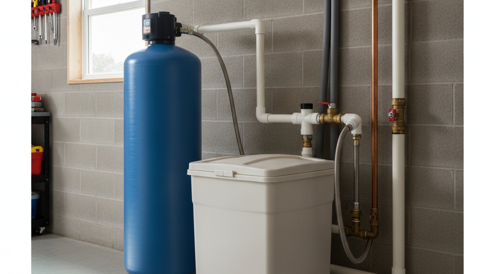 Residential water softener resin tank and brine tank plumbed into the main supply line in a garage