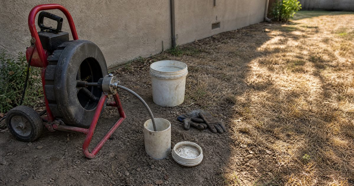 Open exterior sewer cleanout with a drain cable machine staged beside it at a Hollister home